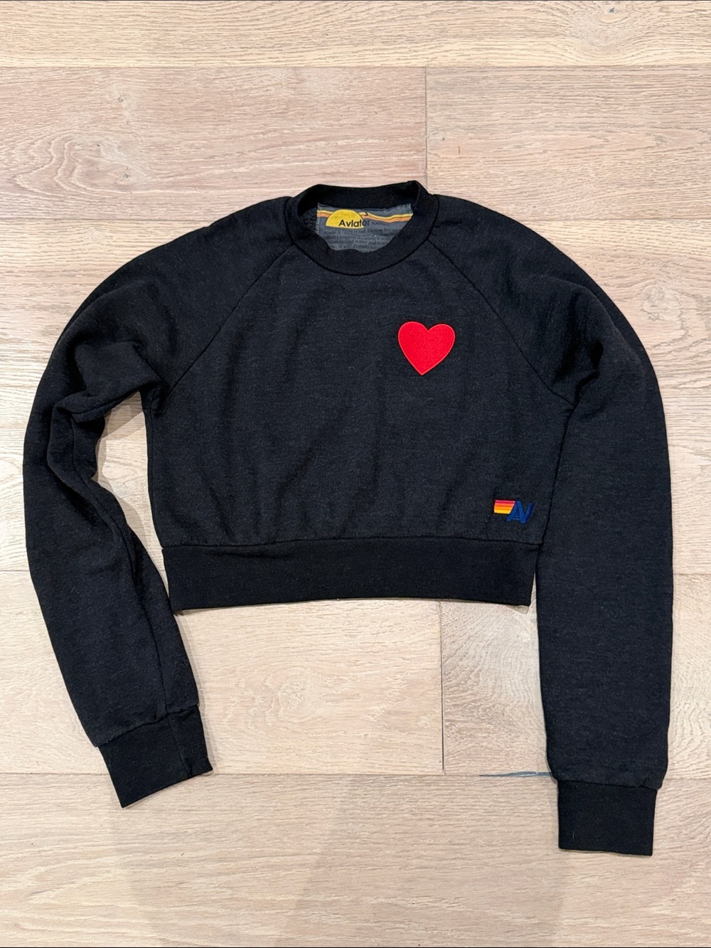 Aviator Nation Black Cropped Crewneck with Red Heart Patch